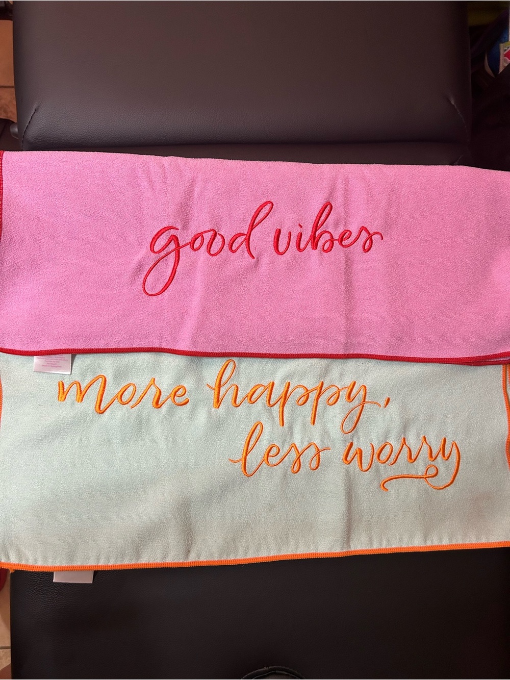 Yoga/workout Embroidered Towels - "Good Vibes" & "More Happy, Less Worry"
